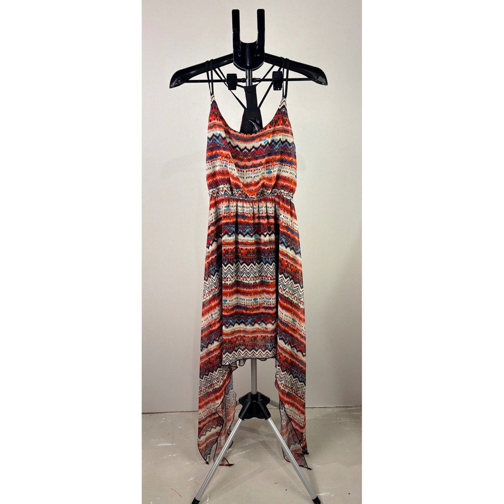 Fritzi Geometric Tribal Print High Low Handkerchief Hem Dress Small Orange Blue